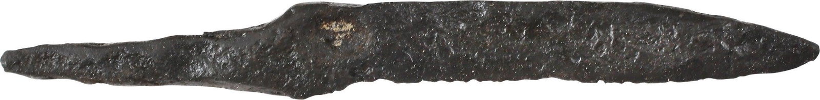 VIKING POUCH KNIFE, 9th-11th CENTURY: 3” total length. Thick section for slashing. Straight back with a distinct down curved points in the scramseax fashion. Whittle tang, to secure it to the wood, bone, or antler grip, now perished. (h