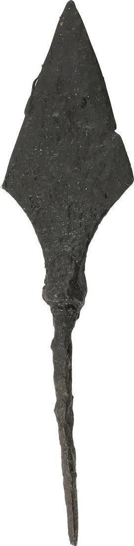 ANCIENT VIKING TANGED ARROWHEAD, 10th-11th CENTURY: 3 1/2” length, well forged iron with straight cutting edges and deeply cusped bottom. Flared bolster with tapered tang. The point of particularly thin section which was characteristic of Viking arro
