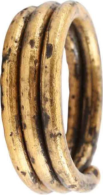 ANCIENT VIKING COIL RING C.900-1050 AD JEWELRY, SIZE 10: Size 10, 4 coils to 7.7mm, well about 1/3” width. Circular section helix, of gold over bronze. Made by the lost-wax process, coil beads, rings, and other adornments were very popular in Viking cultu