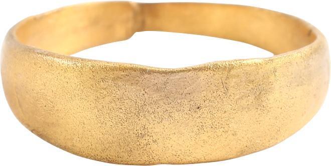 RARE VARIATION VIKING WEDDING RING SIZE 8 ½: Gilt bronze band with slightly rounded face varying in width from 2.2mm to 6.2mm at the top. Made this way. probably for comfort and akin to the Viking twist rings which are also smaller at the bottom