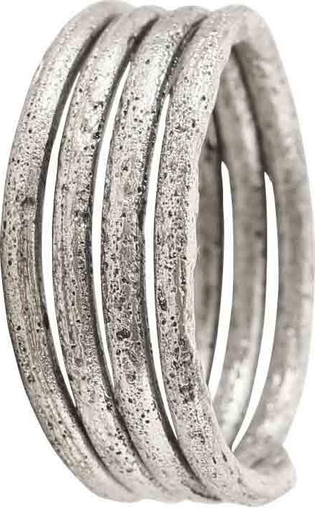 ANCIENT VIKING COIL RING 850-1050 AD JEWELRY SIZE 10 ¾: Silver over bronze. Size 10 3/4. 3 3/4 turns with tapered terminals. Made by the lost-wax process. Coil beads, rings, and other adornment elements were very popular in Viking culture. Due to its age, 