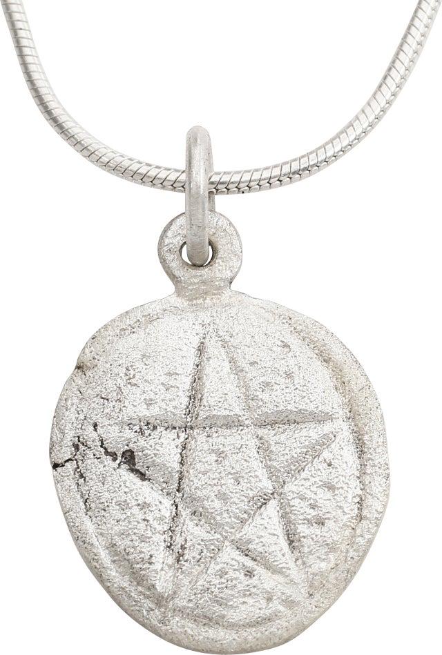 MEDIEVAL MYSTICAL WITCHCRAFT AMULET NECKLACE: Oval, just under 0.70” height plus the loop, inscribed with a pentagram. Professionally refurbished with the pure silver surface restored on a Sterling silver neck chain for modern wear. The pentagr