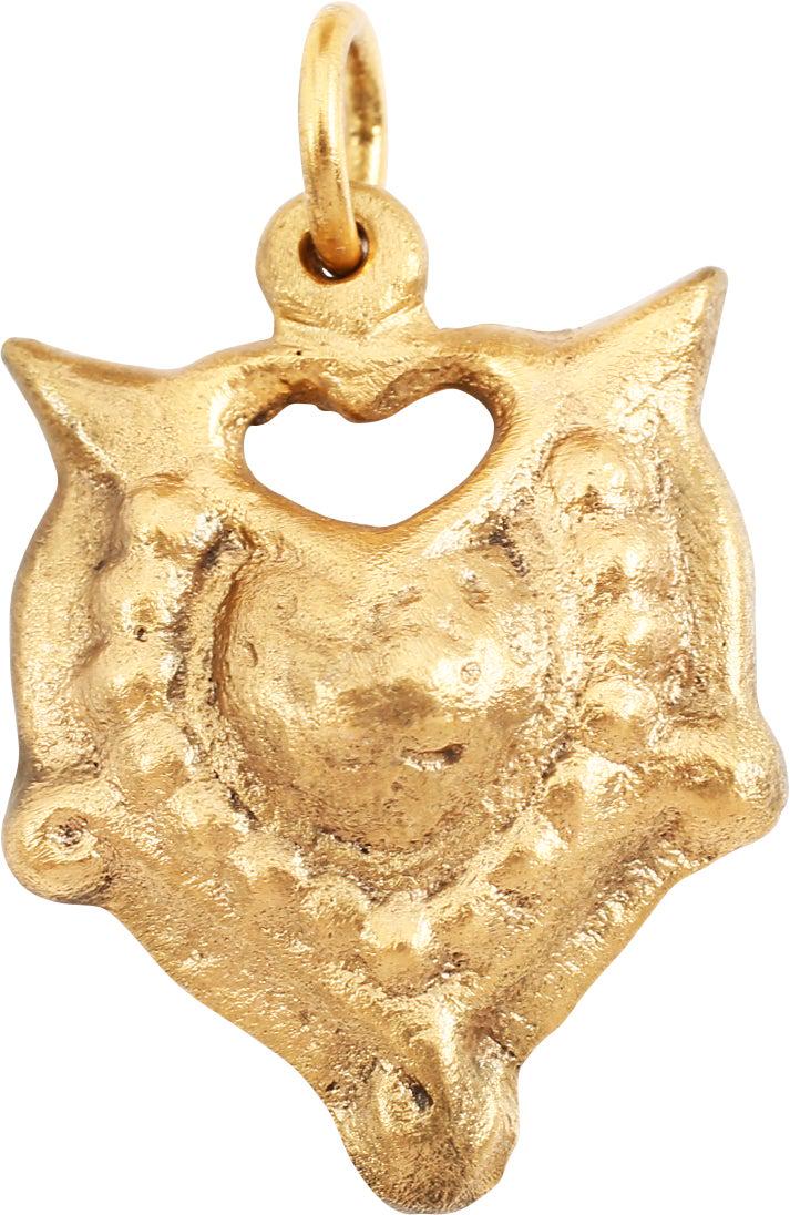 VERY FINE VIKING HEART PENDANT NECKLACE C. 950-1050 AD: 7/8” height, intricately detailed. Central raised heart with a beaded border below a pierced heart. two hearts within a heart! The broadly rounded edges with nubs at the sixth point. Made by the ope
