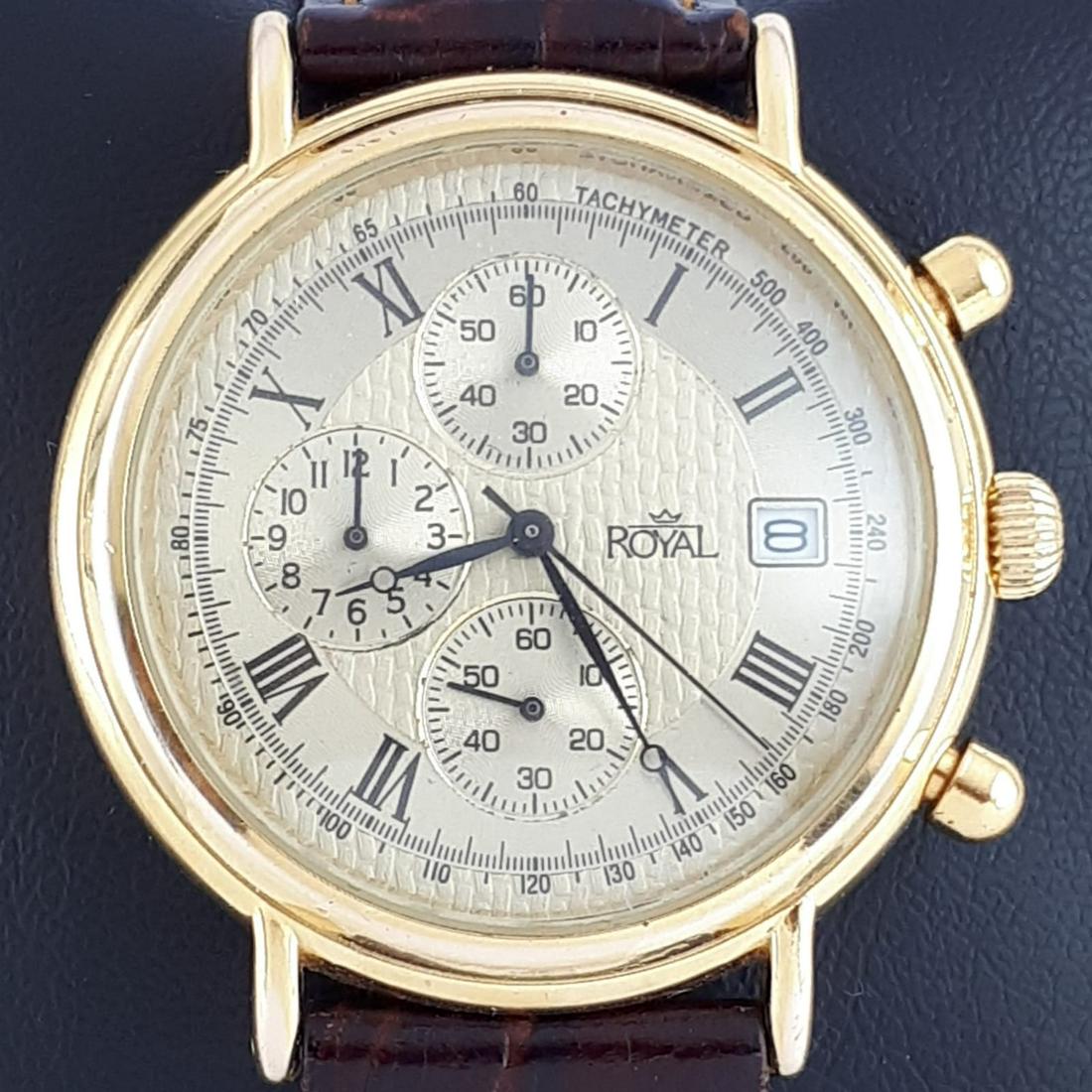 Royal - Tachymeter - Ref:46595 - Men - 2011-present: Brand : Royal Model : Tachymeter Ref : 46595 Gender : Men Movement : Quartz Type : Analogue wristwatch Total Lenght : 20,5 cm / 8,07 inch (Including Watch Case) Case Size : 38 mm / 1,5 Inch