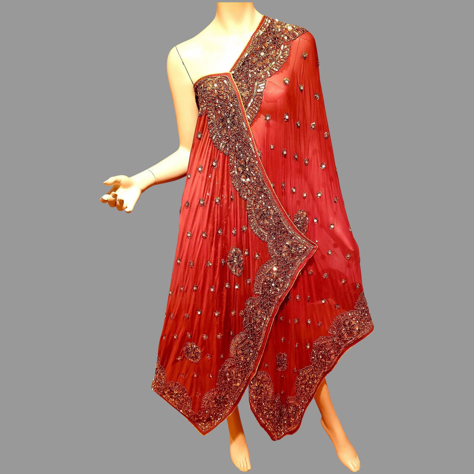 Vtg Dupatta Antique Dress /Wrap Heavy gold hand Beading: Drop Dead Gorgeous. Antique pure silk Georgette, Very Rare and Hard to find The hand Embroidery is made with actual gold threads, stones, beads and sequins , adorned the heavily Embellished metallic B