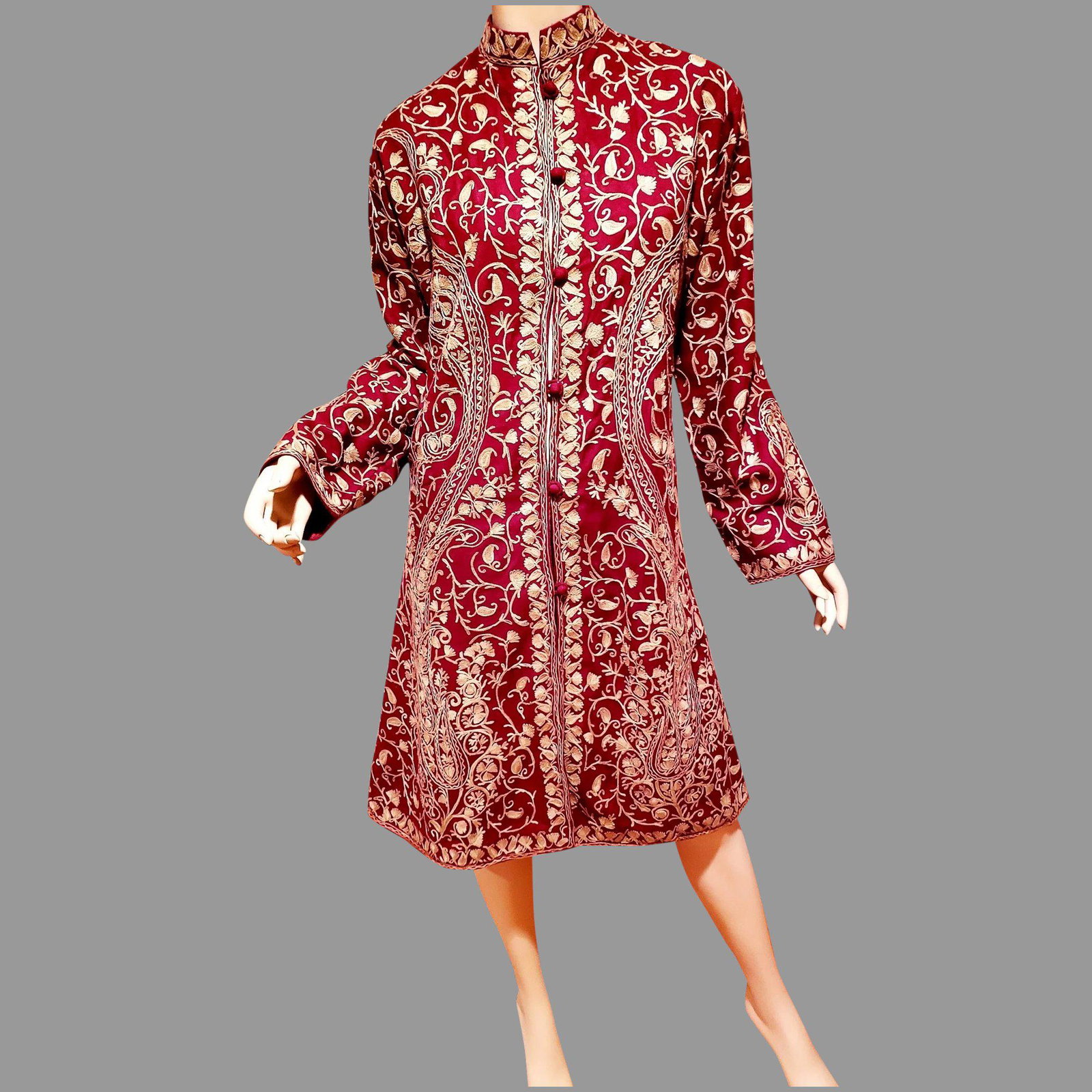 Vtg Kashmiri Indian Maroon Coat/Long jacket Cashmere: Indian Kashmiri all hand Embroidered. Also Lined. Boho Look and also very Romantic Hand Stitching. Perfect Style and look. In almost New Condition. A wearable work of Art Reserve: $200.00 Shipping: Do