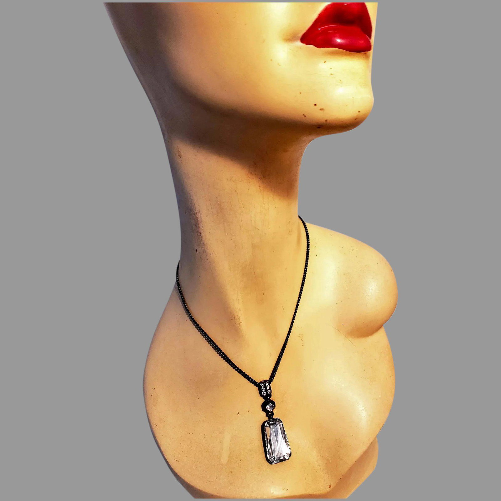 Vtg Givenchy Signed Crystal Pendant necklace dominant: Rare and a Stunner. By Famous Givenchy Signed. Rhodium Metal, Curd chain,,adjustable,double channel set. Elaborae crystal bail Luxury Brand Length- 17",16" 14" Dominent Solitaire Pendant .- 1 1/8" X 5