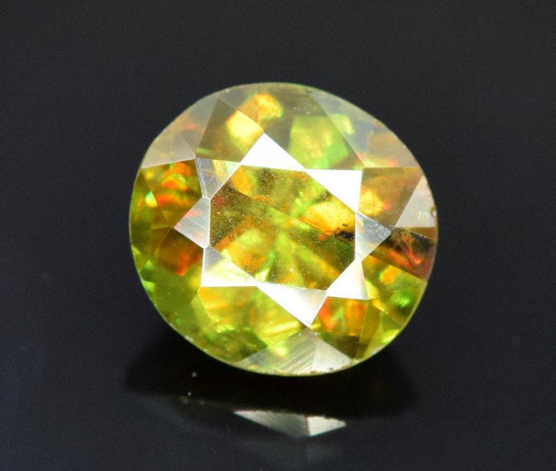 1.00 CT Natural Full Fire Color Change Natural Sphene: Materials Sphene, Titanite Dimensions Carat weight: 1.00 Description Dimensions (mm) 6 x 5.5 x 4mm Weight (carats) 1.00 carats No Treatment Full Fire Chrome Sphene Gemstone from Pakistan General Info: