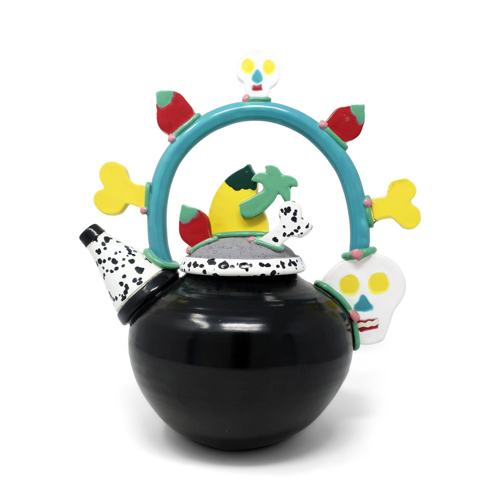 1980s Postmodern Hand-Painted Ceramic Tea Pot with: A 1980s handmade and hand-painted postmodern ceramic pitcher. A Memphis Milano-inspired design in the style of Peter Shire, Michael Duvall and Rita Duvall with a black bulbous base, teal handle, black