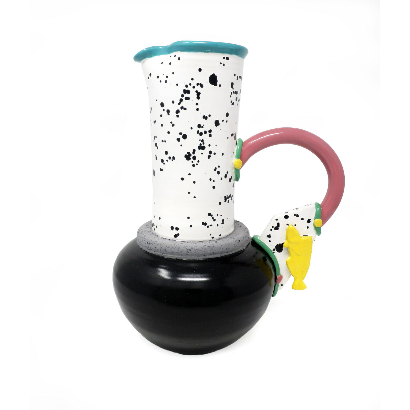 1980s Postmodern Hand-Painted Ceramic Pitcher: A 1980s handmade and hand-painted ceramic pitcher. Memphis Milano-inspired design in the style of Peter Shire, Michael Duvall and Rita Duvall with a black bulbous base, teal striping, black dots on wh