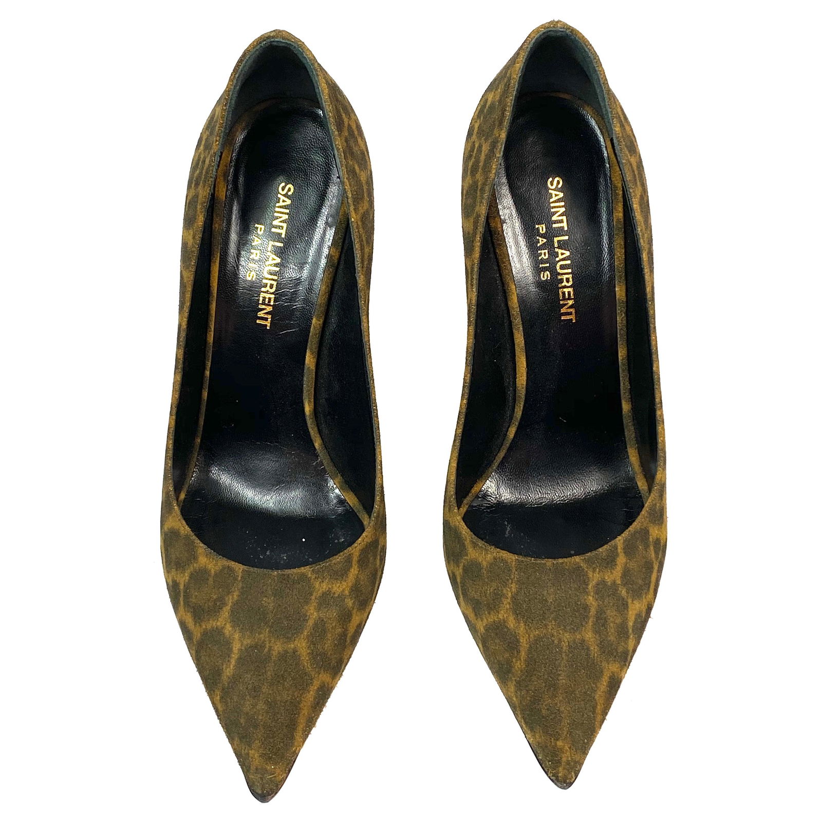 Saint Laurent Black and Brown Suede Leopard Pump Heels: Saint Laurent Black and Brown Suede Leopard Pump Heels Size 38 Product details: The shoes come with the original box Featuring animal/ leopard suede print Pointy toe Heel height is 4.25 Made in Italy