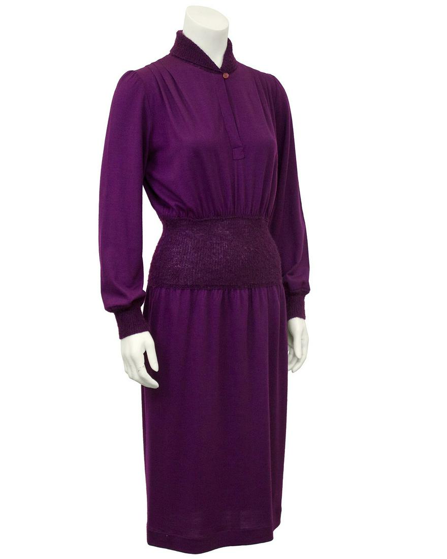 Missoni Purple Knit Dress: Brand: Missoni Title: Purple Knit Dress Additional Information: 1980's orchid purple Missoni wool dress featuring knit shawl collar, waist and cuffs. Elasticized waist band. Excellent vintage conditio