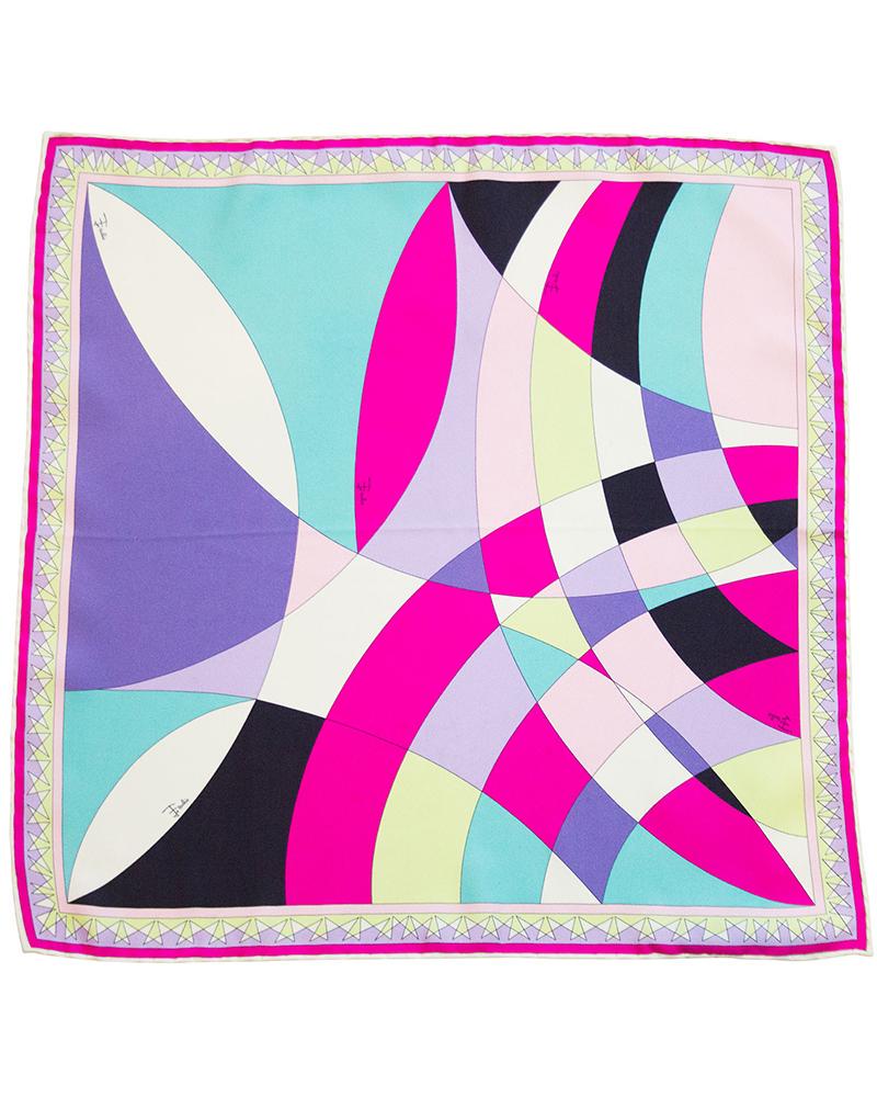 Emilio Pucci Pink, Purple and Chartreuse Printed Silk: Brand: Emilio Pucci Title: Pink, Purple and Chartreuse Printed Silk Mini Scarf Additional Information: Perfect to tie on a handbag or around your neck, this classic printed Pucci scarf from the early 