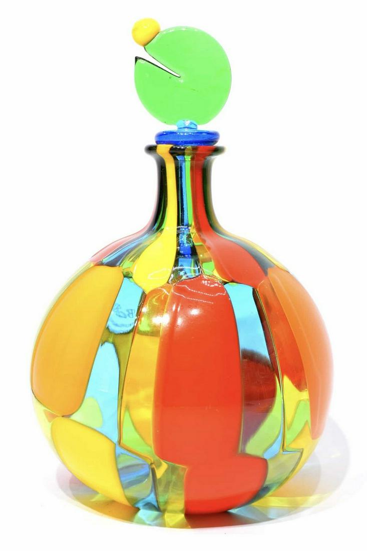 Murano glass Bottle pezzato: Title: Murano glass Bottle pezzato Maker: Angelo Ballarin Origin: Murano Date/Period:2017 Materials: glass Size: 16,5 x 10 cm 130 grams Additional Information: Glass bottle pezzata, made by glass mast