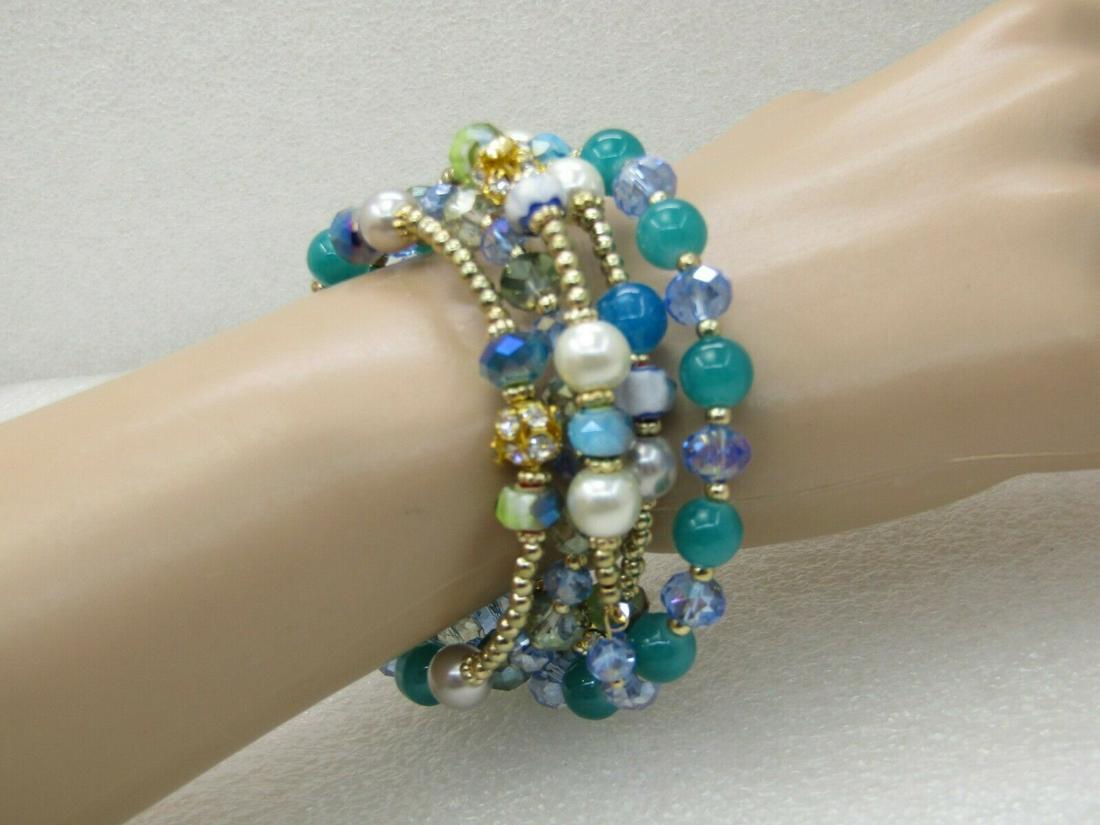Vintage Coiled Crystal Beaded Multi-Strand Bracelet,: Vintage Coiled Crystal Beaded Multi-Strand Bracelet, Faux Pearl, 5 coils that can adjust up to 8", aurora borealis crystal faceted lavender blue beads, faux p erls, rhinestone rondelles, green beads a