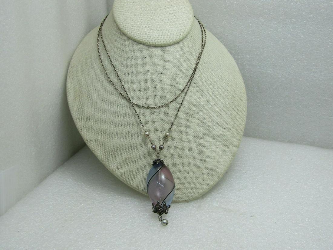 Vintage Sterling Silver Hollow Blown Glass Bubble: Vintage Sterling Silver Blown Glass Pendant and Tahitian pearls in chain and dangle from pendant. Chain is 34" slip-over style. Weight is appx. 14.75 gr. There are sterling caps on the top and bottom 