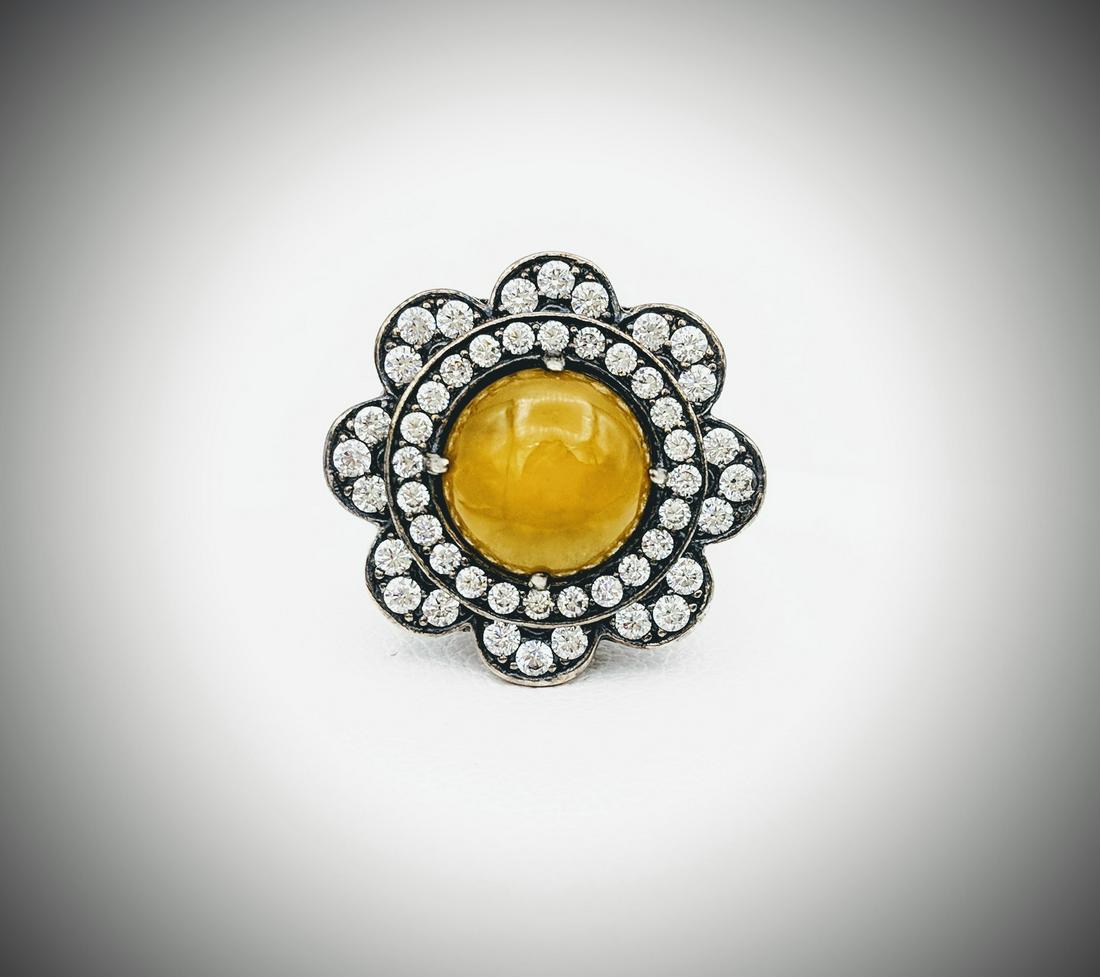 925 SS Sz 7 Ring w Round Yellow Jade & CZs (1 of 3)