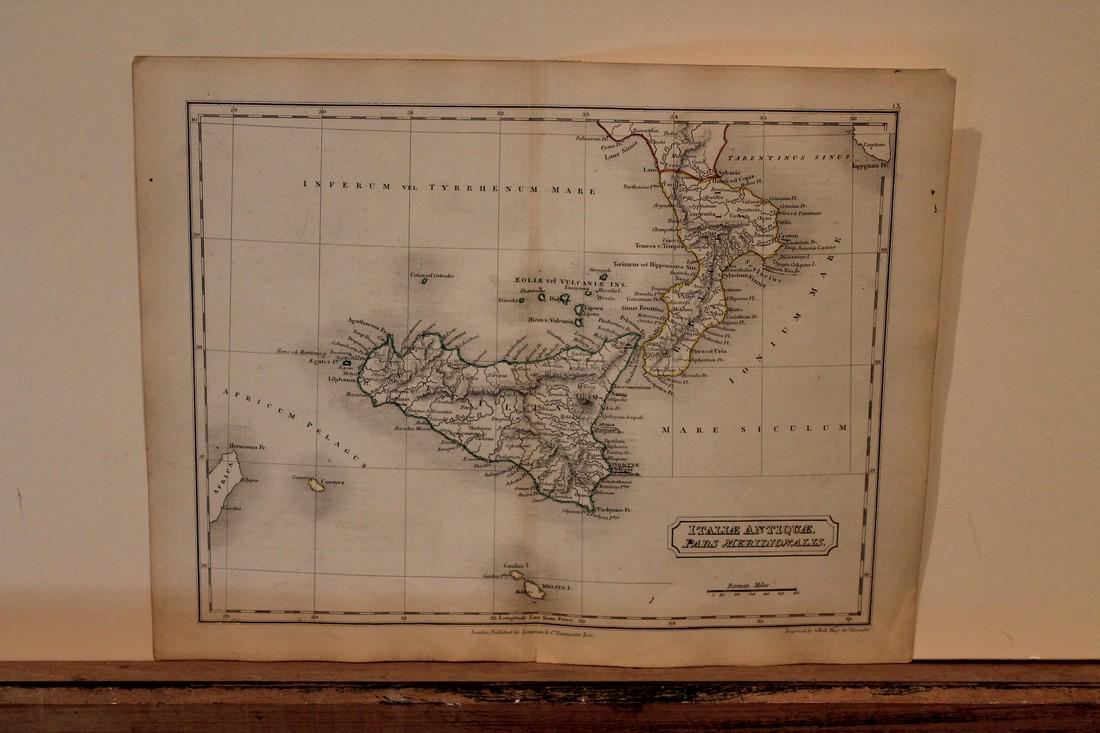 1801 Map of Sicilly: Author: Hall Title: 1801 Map of Sicilly Medium: Ink on Paper Dimensions: 10.5"X8.5" Description: Map of Ancient Sicilly dated 1801. Part of the Atlas of Ancient Geography by Samuel Butler. Engraved by
