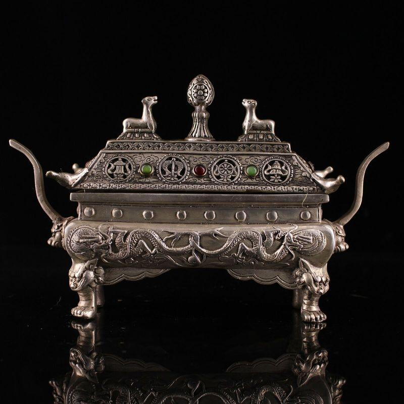 Antique Chinese handwork Dragon Pattern Incense Burner: DESCRIPTION: A handcrafted Tibetan silver incense burner with a vintage antique finish and decorated with symbols inspired by the Eight Auspicious Signs. Suitable for Tibetan stick, cone or powder inc