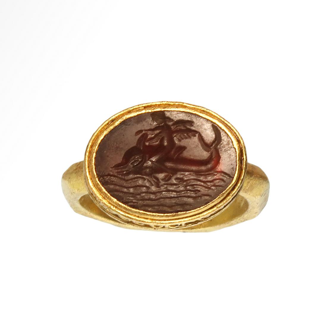 Roman Gold and Cornelian Intaglio Ring with Eros Riding (1 of 6)