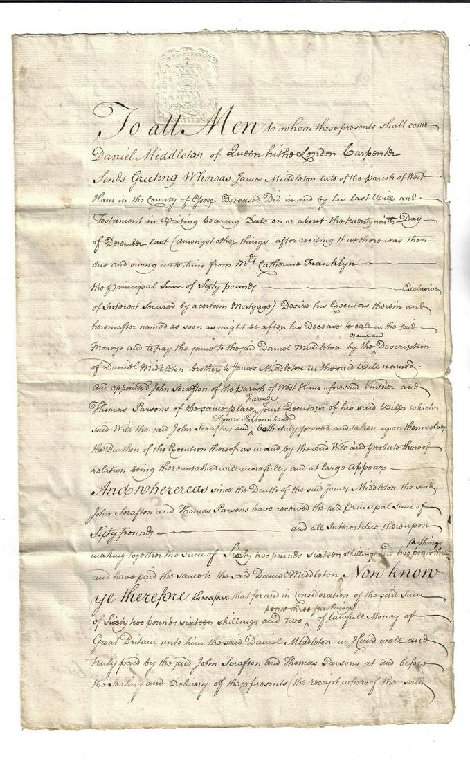 1763 English Manuscript Release with Seal (1 of 2)