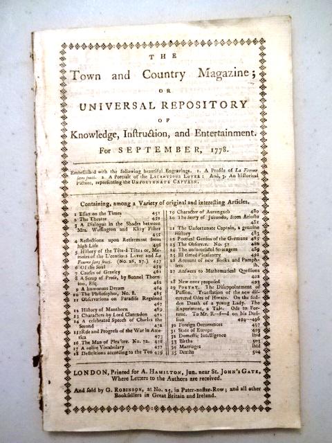 1778 Magazine Revolutionary War Rhode Island: The September 1778 issue of "The Town and Country Magazine", printed at London for A, Hamilton. 56 pages and two engraved plates, complete issue. Account of the attack upon Rhode Island by Major Gener