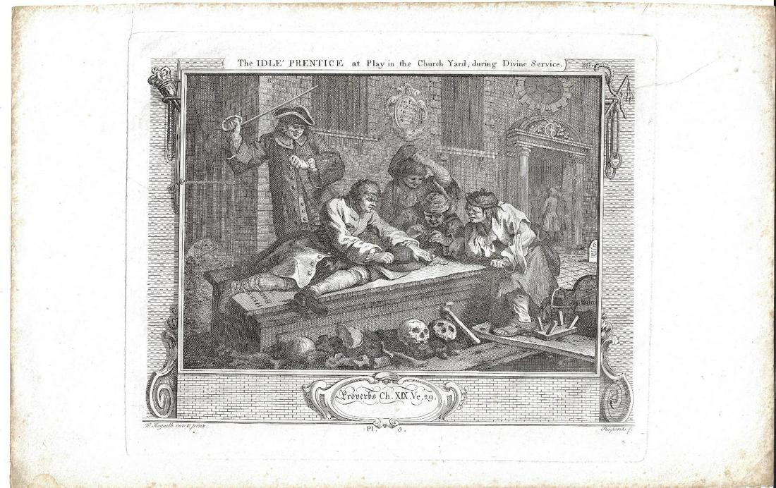 c1760 Hogarth The Idle Prentice: The Idle Prentice at Play in the Church Yard, during the Divine Service, by William Hogarth originally printed 1747, London. This is a reprint circa 1760 signed "Riepenhausen". Fine condition. Measure