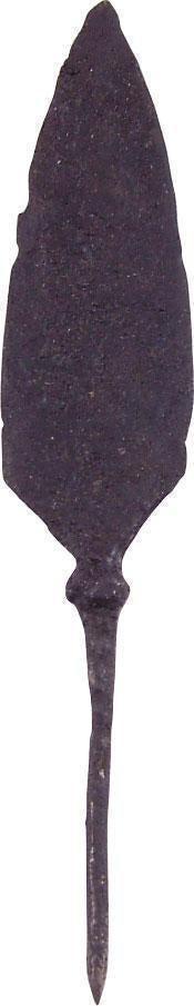FINE VIKING TANGED ARROWHEAD, C. 9th-10th CENTURY: Well forged, Over 4” length of flesh cutting weight intended for war raiding where the opponents would be marginally protected by padded jerkins. Rounded edge triangular form point with flat face bo