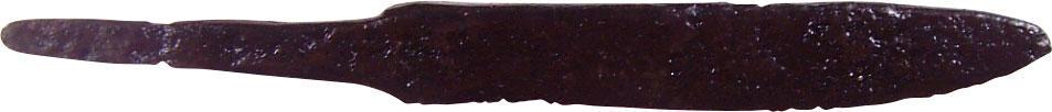 VIKING POUCH KNIFE, 9th-11th CENTURY AD: 3 3/8” total length. Thick section for slashing. Whittle tang, to secure it to the wood, bone, or antler grip, now perished. Quite crisp with minimal degradation. These side or pouch knives were amo