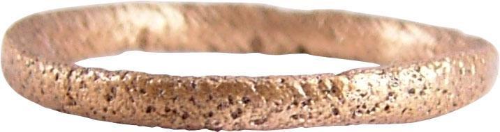 VIKING WEDDING RING, DANELAW, ENGLAND SZ 3 ¼: Danelaw England. Gilt bronze, size 3 ¼ for the small finger as was the custom. 1.9mm width, with a rounded face. Surface textured from burial. Professionally refurbished with the surface restored in 