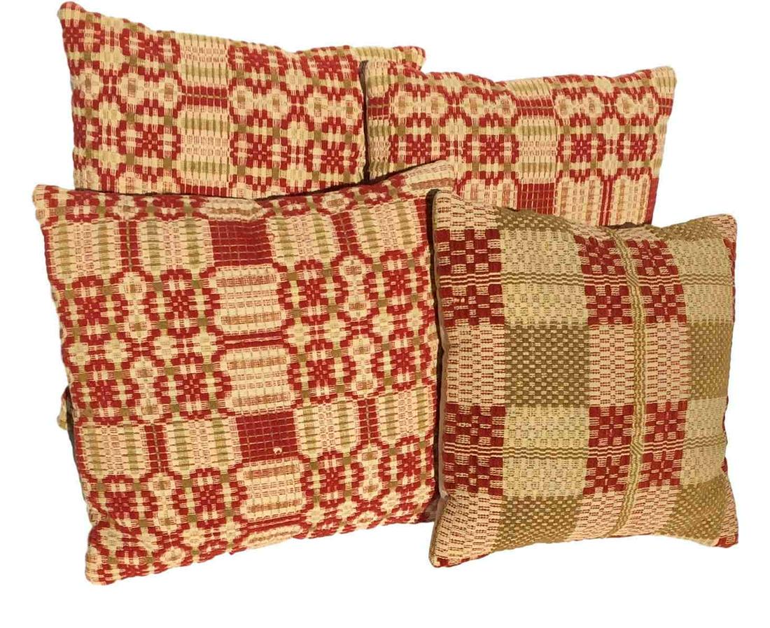 4 red & tan & green Coverlet pillows (1 of 2)