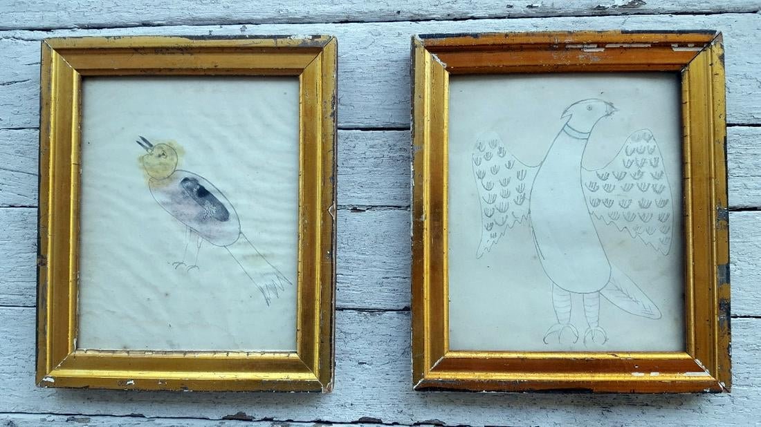 Pair of bird paintings derived from a diary: One of the two has a diary entry on rear side, a poem titled "Hope for the Rest." It is signed Caroline Hamilton, Spring Valley, 1865. Both images in gilt frames. Nine inches by eight inches external 