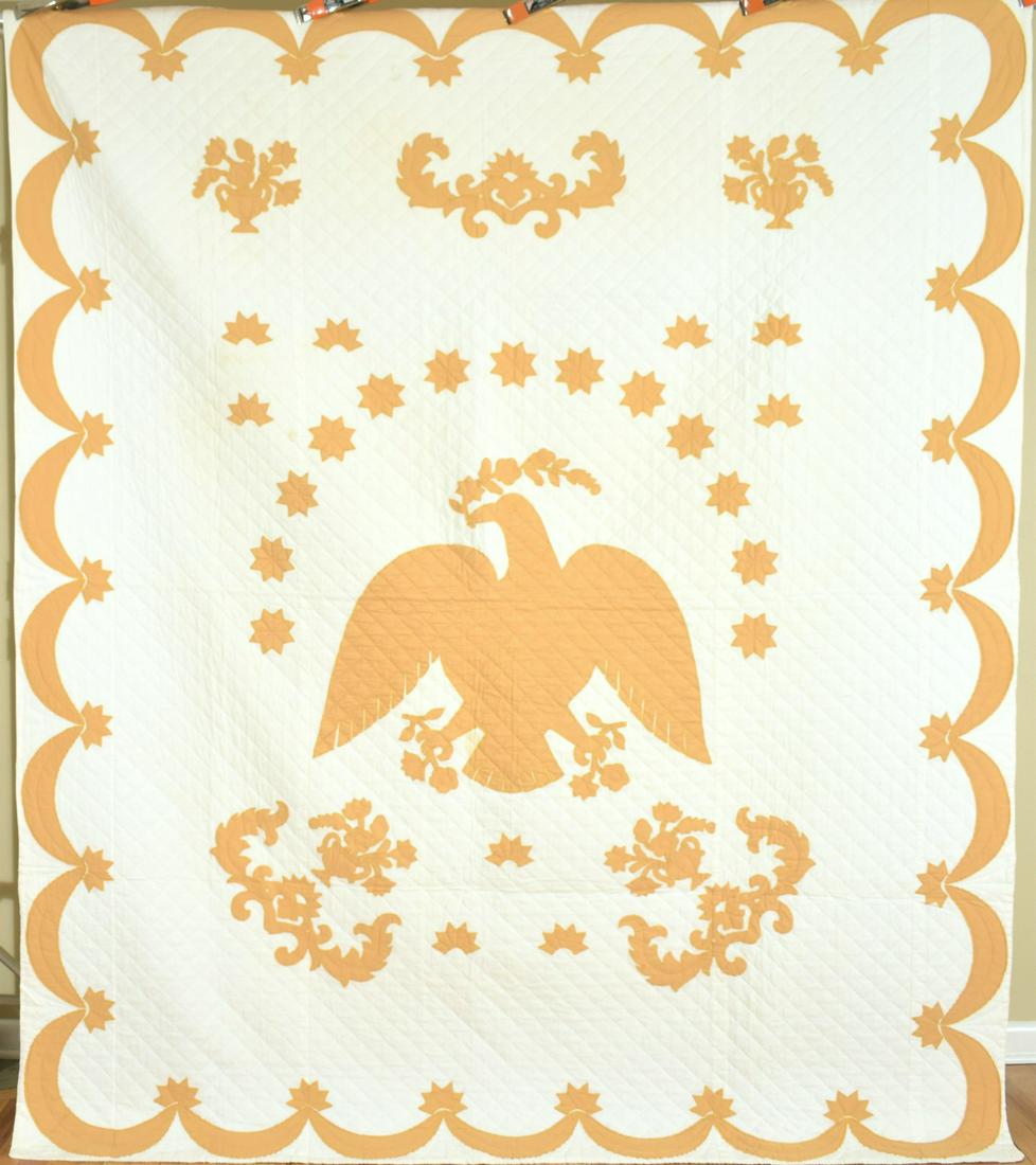 40: 40's golden eagle and stars quilt, all machine appliqued and hand quilted, with 13 stars behind the eagle. It measures 84" X 100" and is in excellent condition, with a couple of light age spots and no