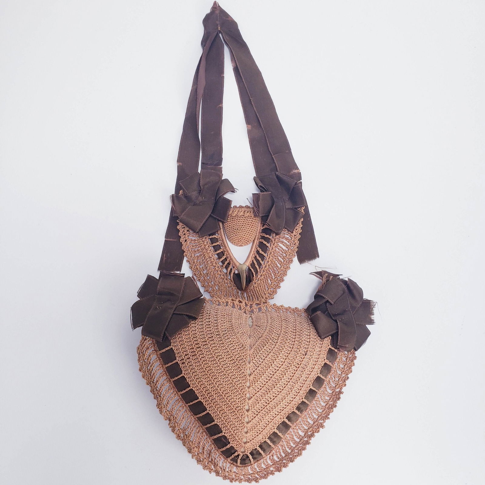 American Woven Sewing Pin Cushion Thimble Caddie w/: Title: American Woven Sewing Pin Cushion Thimble Caddie w/ Bird WIshbone Date/Period: early 19th century Materials: bone, handspun Dimension: 14" x 6 1/2" Additional Information: Wish! Highly skilled