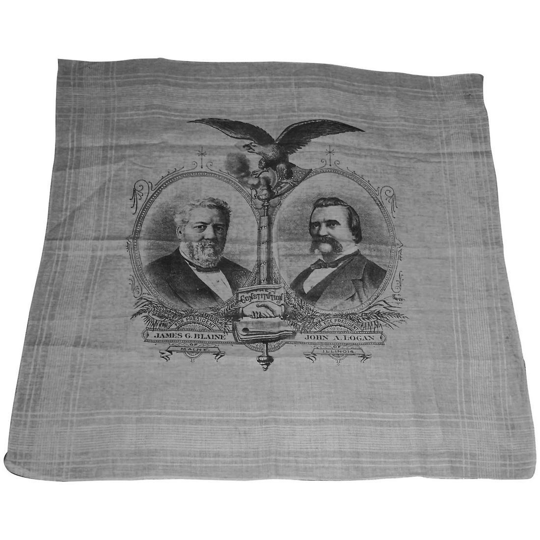 1884 US Presidential Campaign Hanky: J Blaine: A printed handkerchief from the 1884 Presidential Election Campaign showing images of Republican Candidates James G. Blaine (of Maine) and John A. Logan of Illinois. Blaine was Speaker of the House of