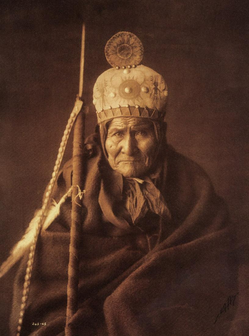 EDWARD CURTIS - Geronimo, 1905: Artist: EDWARD CURTIS Title: Geronimo, 1905 Medium: Photo Litho, 2001, Italy Dimensions: 6x8" Description: Heat Wax Mounted on 8.5x11" Conservation Board Artist Bio: Edward Sheriff Curtis (1868 – 19