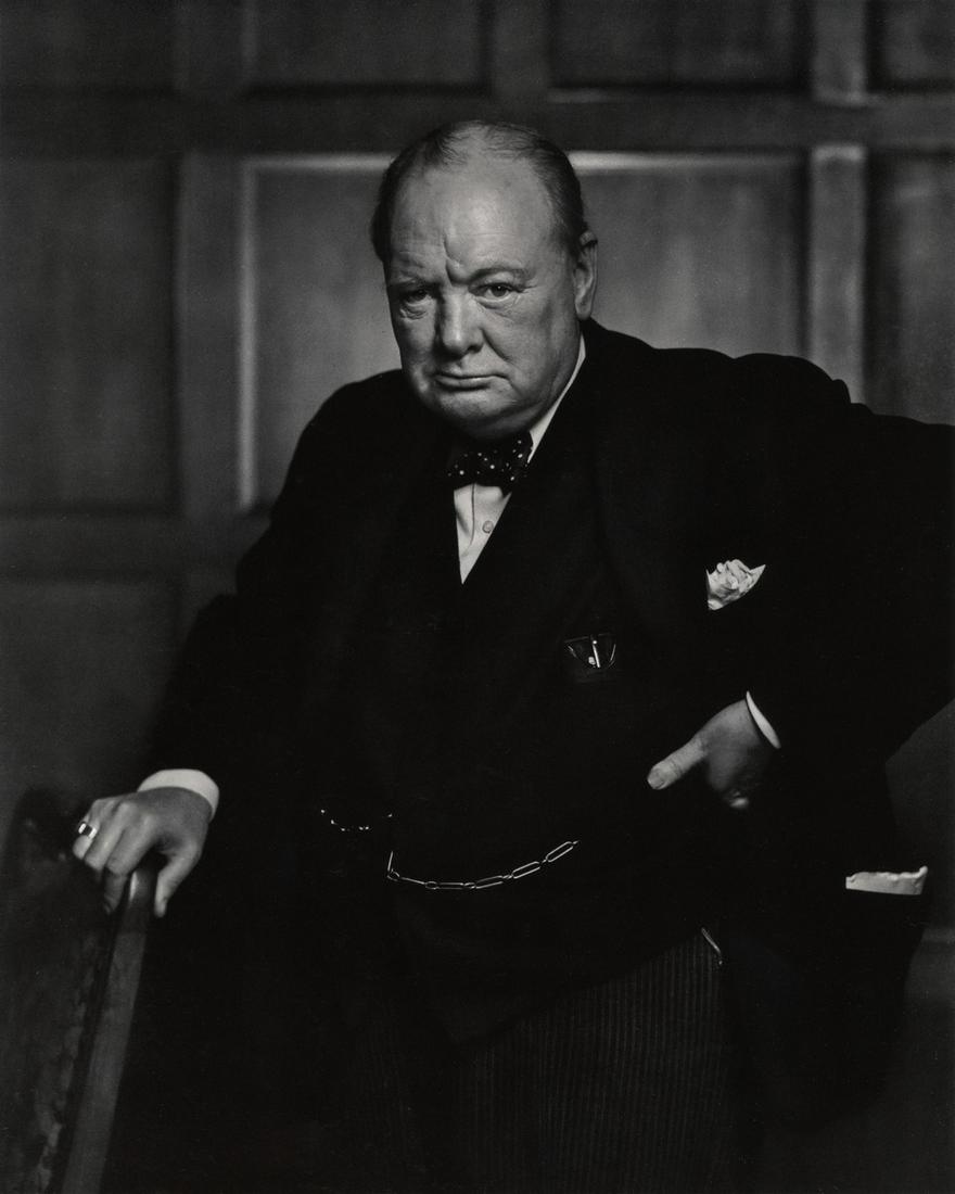 YOUSUF KARSH - Winston Churchill, 1941: Artist: YOUSUF KARSH Title: Winston Churchill, 1941 Medium: Photo Litho, 1983, Switzerland Dimensions: 7.65x9.5" Description: Heat Wax Mounted on 11x14" Conservation Board Artist Bio: Yousuf Karsh (19