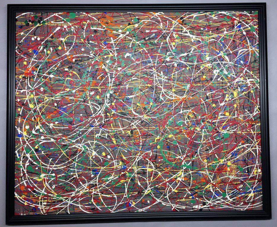 In the Style of Jackson Pollock: Title: In the Style of Jackson Pollock Description: painting with certificate and provenance Date/Period:20th c. Materials: oil Dimensions: 23" x 28" Reserve: $1,500.00 Shipping: Domestic: Flat-r