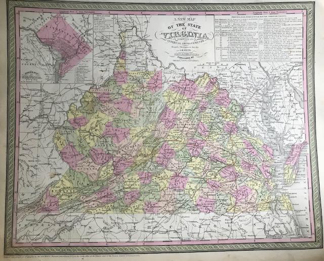 Virginia. A Pre-Civil War United States, with insert of: Title: Virginia. A Pre-Civil War United States, with insert of D.C. and chart of steamboat and stage coach routes. 1850 by Thomas Date/Period: c1850 Materials: Hand colored steel engraved Size: 16 1/2