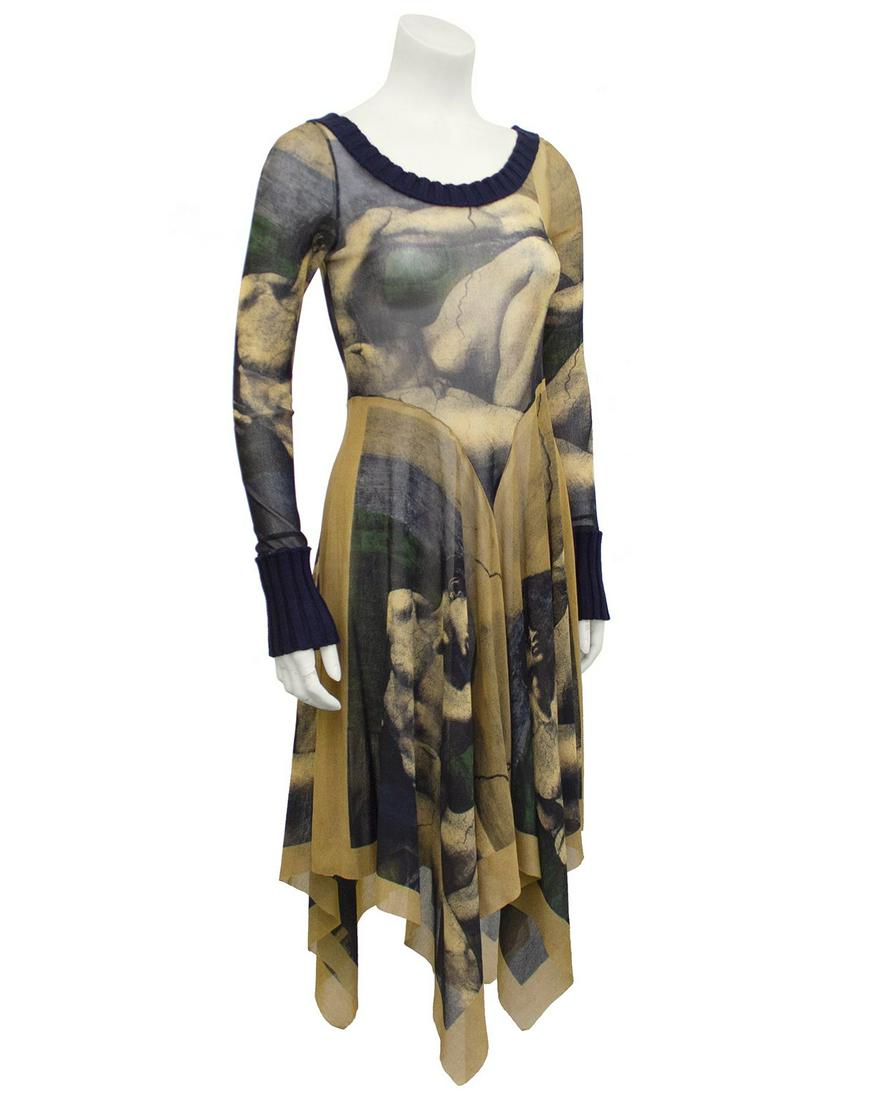Jean Paul Gaultier Sheer Hanky Hem Renaissance: Title: Jean Paul Gaultier Sheer Hanky Hem Renaissance Sculpture Dress Additional Information: 1990's Jean Paul Gaultier dress. Sheer mesh fabric printed with images of renaissance man sculptures. Trim