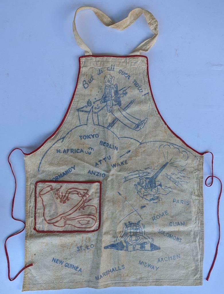ca. 1945 WWII THEME WORK APRON w CARTOON ILLUSTRATION s (1 of 5)