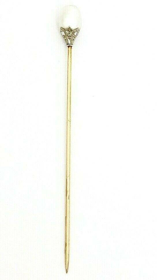 Edwardian Natural Pearl Diamond Yellow Gold Platinum: KG N00 Edwardian Natural Pearl Diamond Yellow Gold Platinum Stick Pin · Weight: 2.2 g · Material: 10K Yellow Gold, Platinum · Gemstone: Rose cut diamond · Gemstone2: Natural Pearl · Measurements: