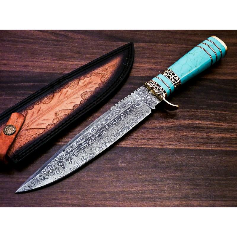 Bowie damascus steel knife brass leather (1 of 5)