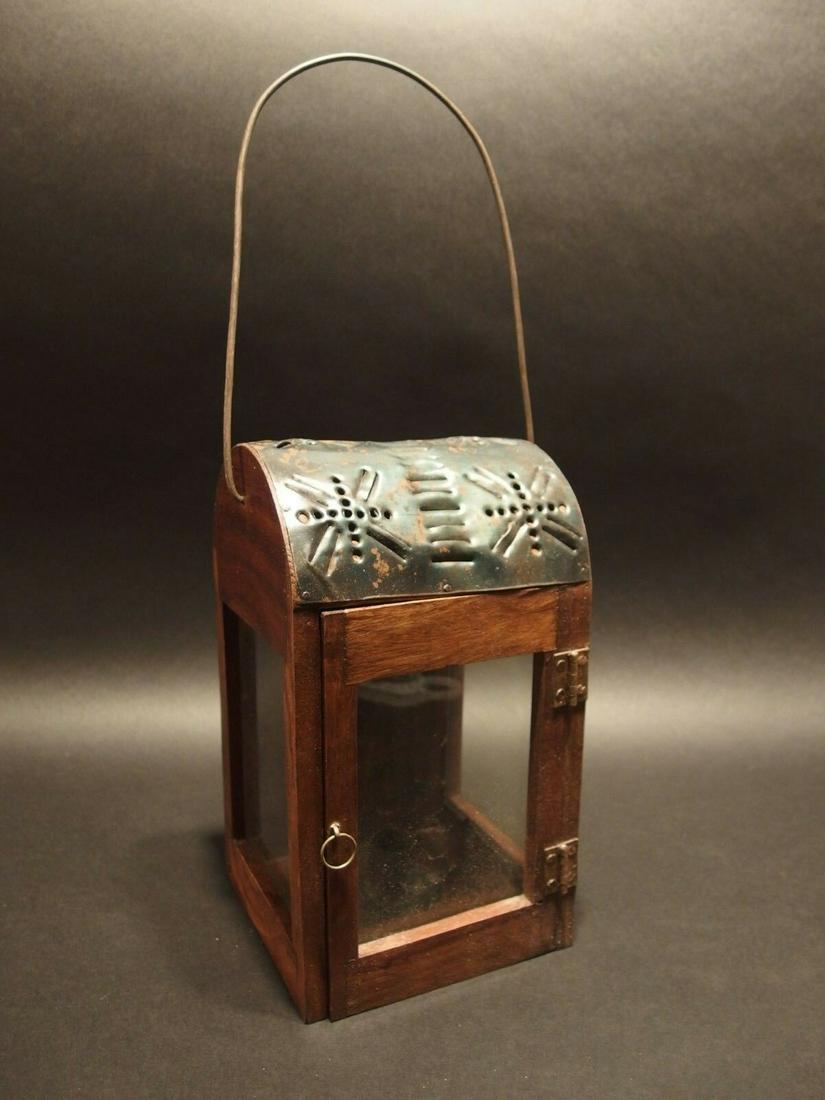 Wood Punched Tin Glass Lantern Lamp Candle Holder: 17" overall with wire handle 9 3/4" tall lantern without the handle. 5 3/4" Wide x 5 1/4" deep Wonderful handmade reproduction antique punched tin roof 3 sided wood candle lantern. Wood lanterns such 