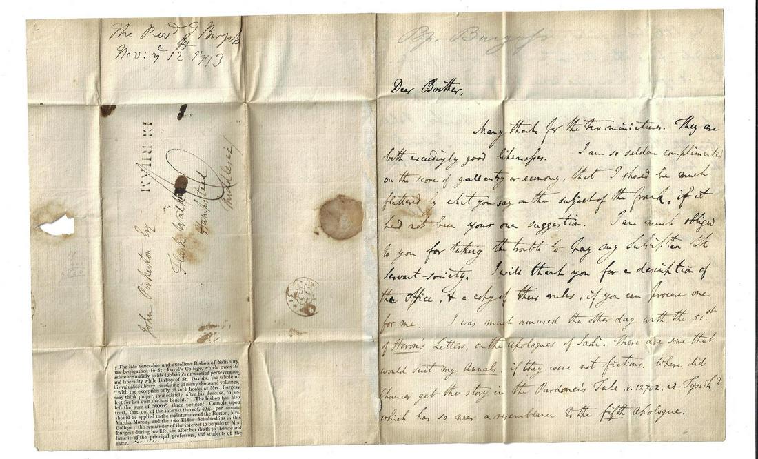 1793 Letter of Bishop of Salisbury Postal Marks: Two pages letter by the Bishop Thomas Burgess, later Bishop of Salisbury, dated 1793 at Durham to John Pinkerton of Hampstead. Folded letter with straight line DURHAM cancel and Bishops postmark. Fine