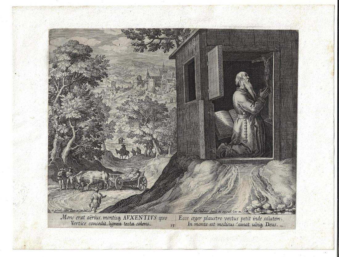 1600 Engraving Sadeler and De Vos of Hermit: Engraving of Raphael Sadeler (1560-1632) and Maarten de Vos (1532-1603) of Auxentius, 1600, from "Oraculum Anachoreticum". Mounted to paper, Fine, the engraving measures 8.25 x 7". Reserve: $40.00 Shi