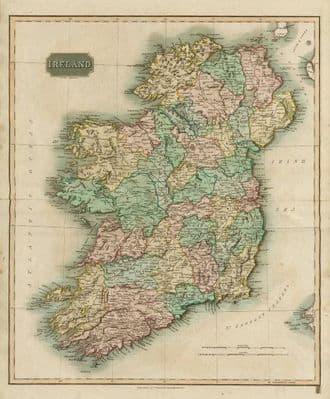 "Ireland" by John Thomson. Coach roads 1817 old antique: TITLE/CONTENT OF MAP: 'Ireland' The top image on the right hand side shows the entire map. To view a close up of the map showing the level of printed detail, please click on the bottom image on the ri