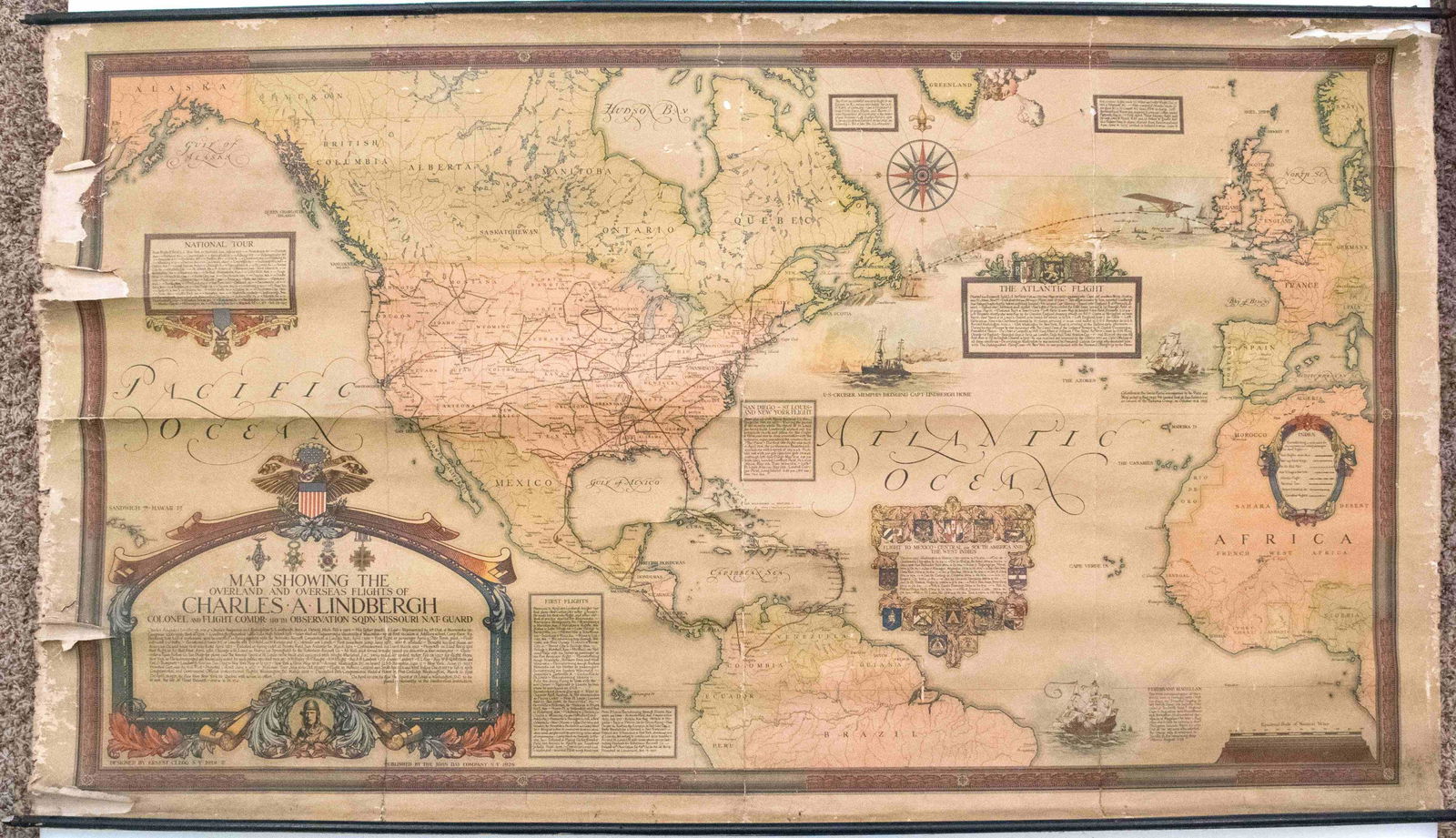1928 Clegg Map of the Flights of Charles Lindbergh -- (1 of 1)