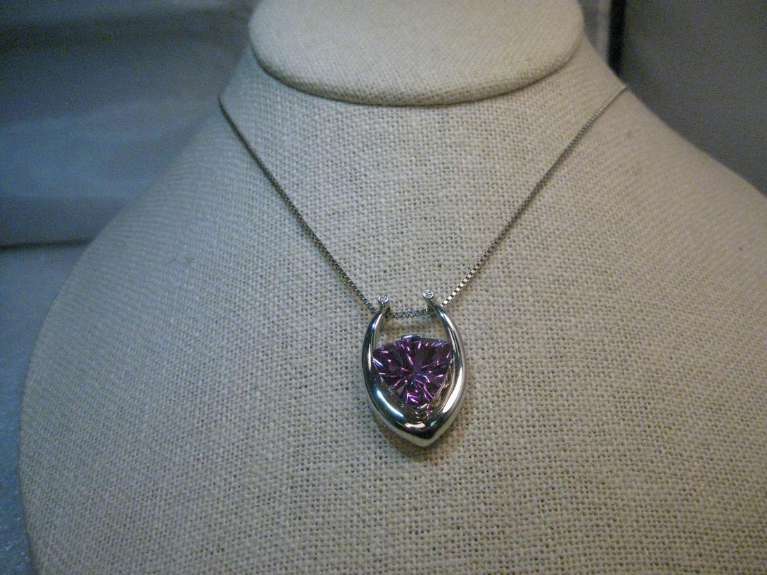 Sterling Modern Horseshoe Amethyst Necklace, Diamond: Silver Modern Horseshoe Necklace, 18" - created amethyst triangular stone that is 12mm down each side. Set with a top and bottom point bezel section setting. The horseshoe is angle more sharply and ha