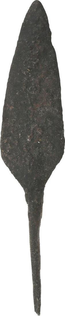 ANCIENT VIKING ARROWHEAD C.850-1100 AD: Just under 3 1/8" total length. Well forged. A flesh cutting arrow with a leaf-shaped point on expanded foot with a tapered tang. Used against unarmed civilians for raiding before the attack. Vikings 